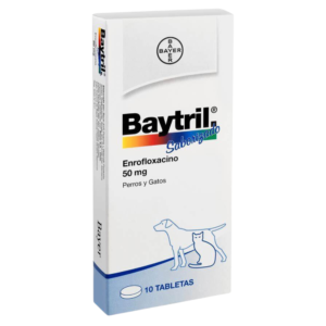 Baytril 50mg Antibiótico bactericida de amplio espectro para Perros y Gatos 10 Tabs