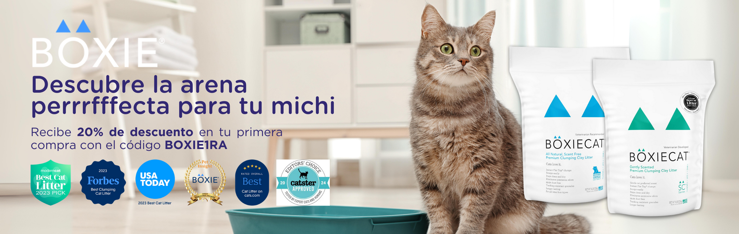 Boxiecat, arena aglutinante para gatos con y sin fragancia, y le mejor duracion del mercado.