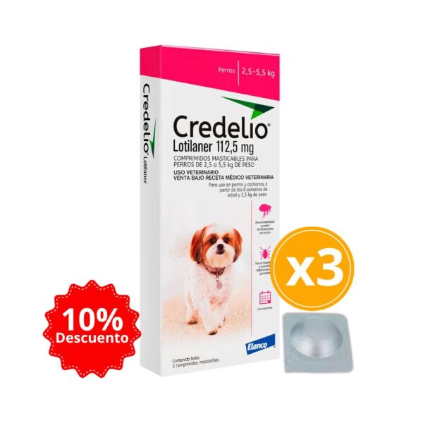 Credelio 2.5 A 5.5kg (6.1 A 12 Lbs) Tableta Antipulgas Y Garrapatas Para Perros 3 Tabletas