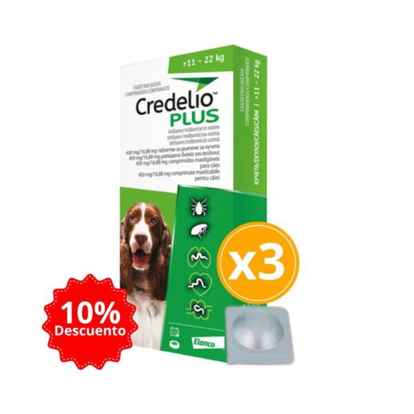 Credelio Plus 11 A 22kg (24.2 A 48.5 Lbs) Antigarrapatas, Antipulgas Y Antiparasitario Interno para Perros 3 Tabletas