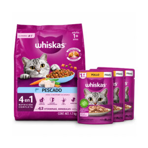 Whiskas Pescado Alimento Seco Para Gatos Adultos + 3 Sobres de Pollo Humedos 1.5kg/3.3lb (Multipack)